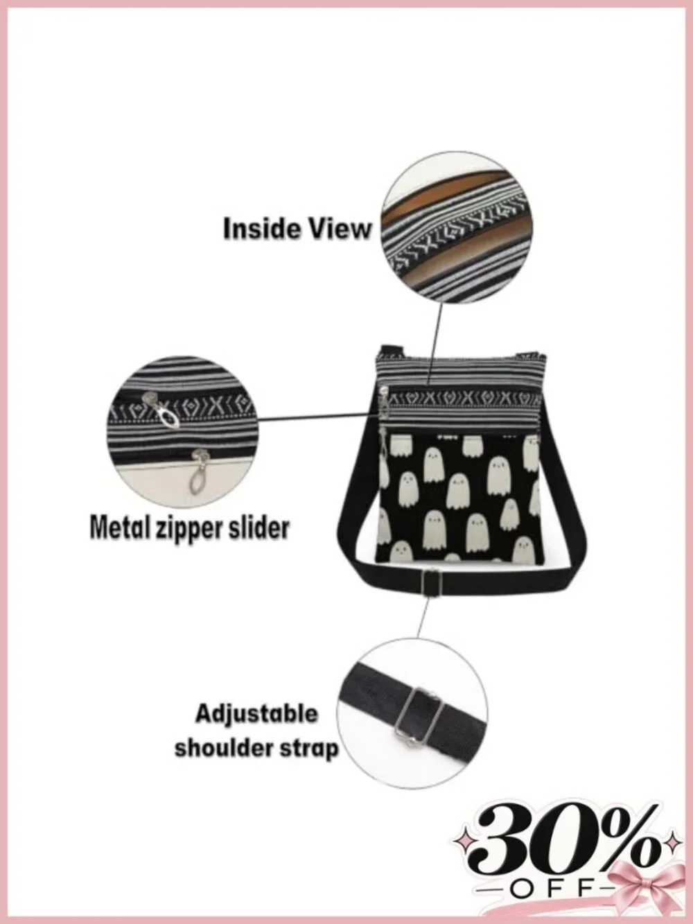 Ghost Print Crossbody Bag Minimalist Unisex Polyester Adjustable Strap